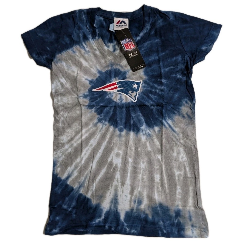 New England Patriots Womens Small Tie Dye V Neck T Shirt NFL Majestic NWT